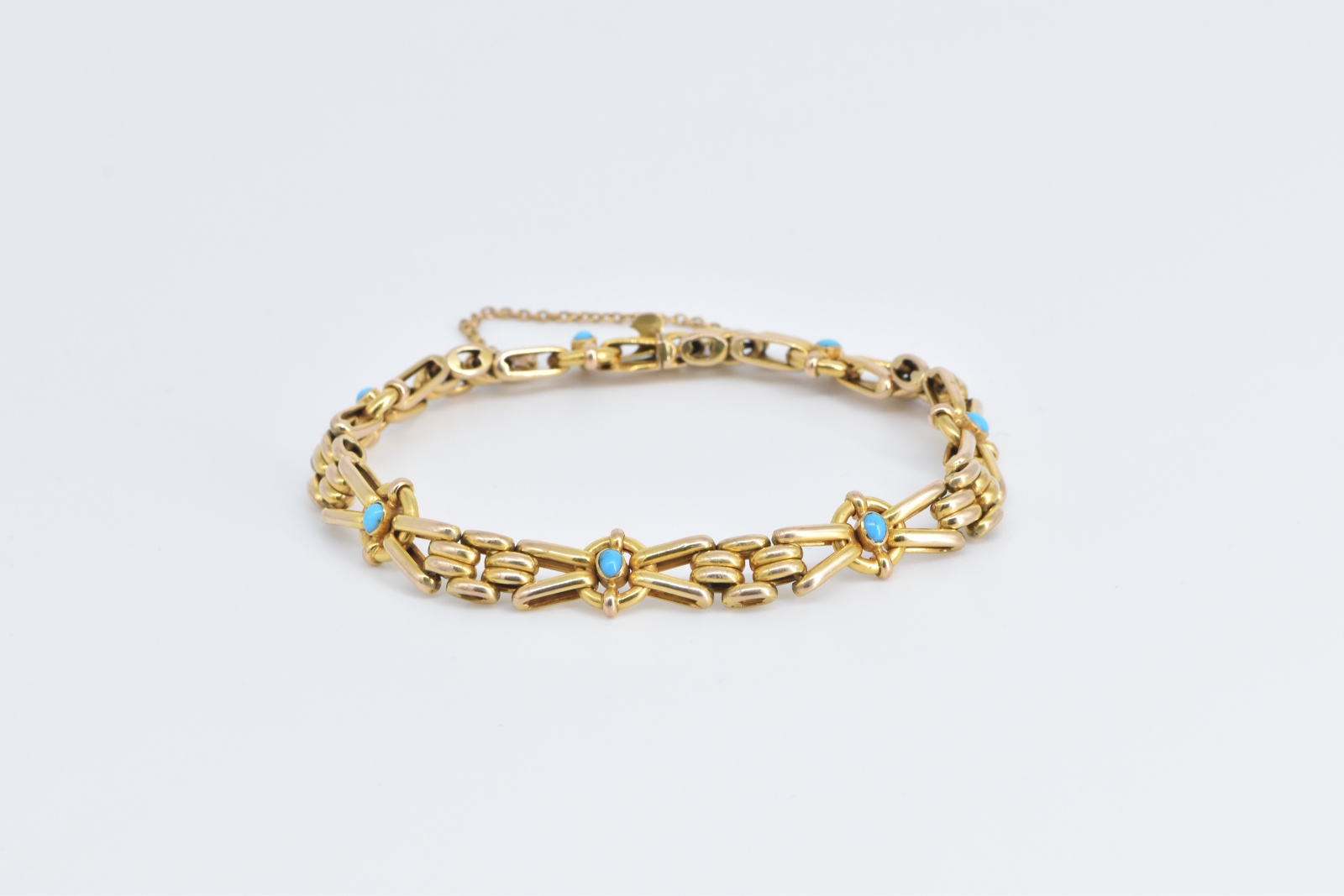 9K Ornate Turquoise Bar Link Vintage Chain Yellow Gold Bracelet 7.25"