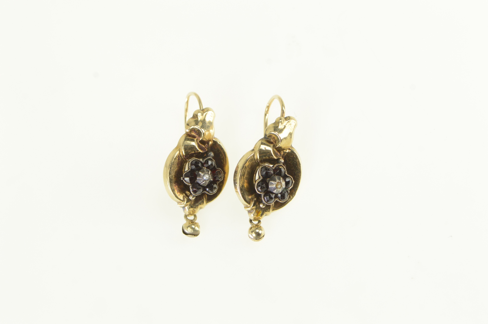 9K Victorian Seed Pearl Garnet Ornate Yellow Gold Earrings