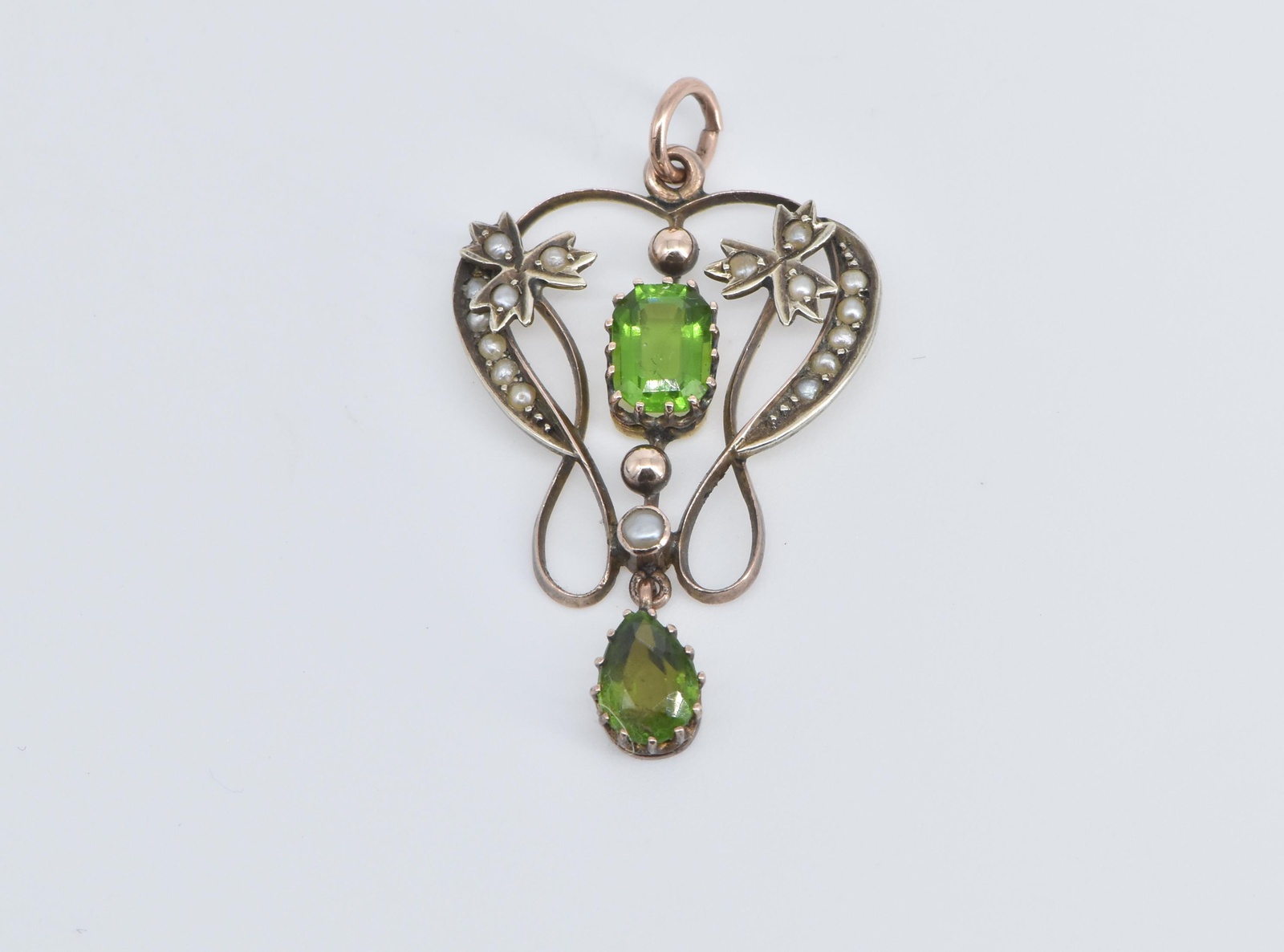 9K Victorian Seed Pearl Green Tourmaline Drop Rose Gold Pendant
