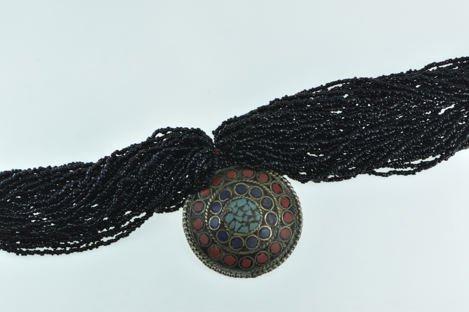 Basemetal Tibetan Layered Beaded Inlay Medallion Necklace 15.5"