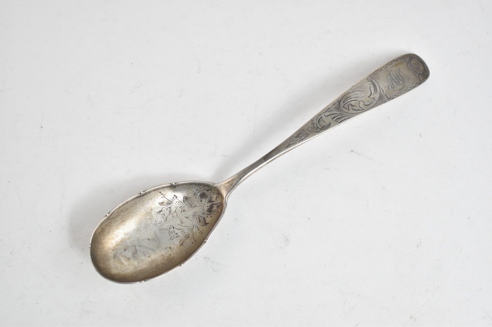 Coin Silver Ornate Engraved Floral Monogram Serving Spoon