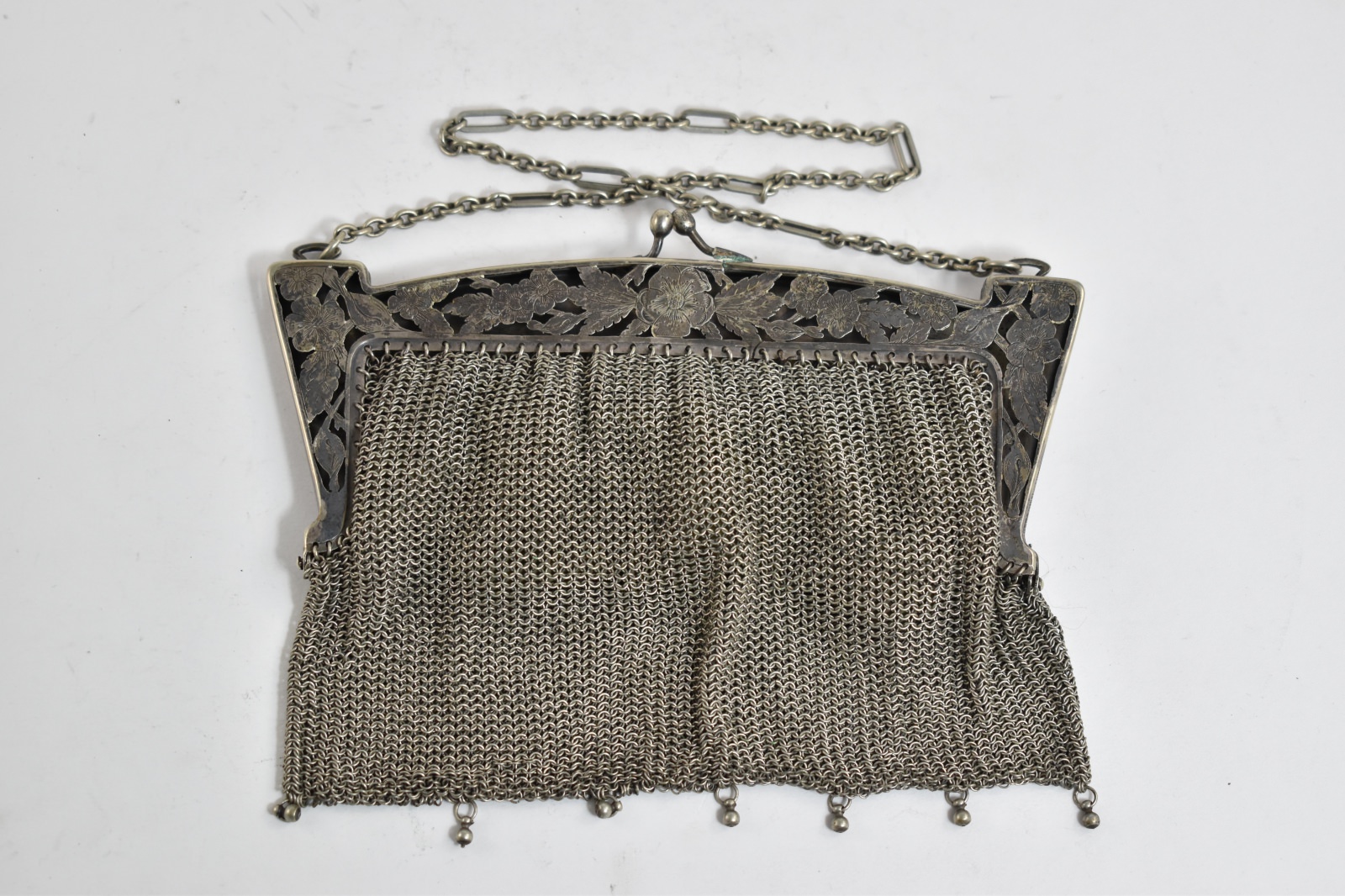German Silver German Ornate Floral Mesh Hand Bag Purse