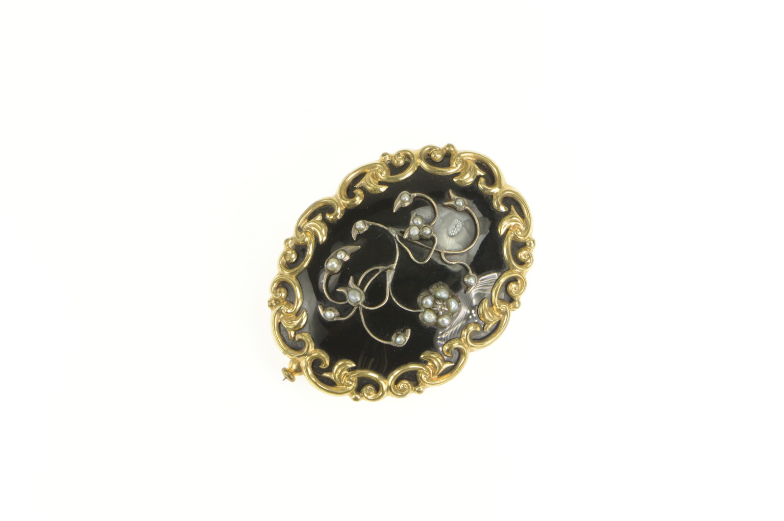 Gold Filled Victorian Black Onyx Seed Pearl Floral Mourning Pin/Brooch