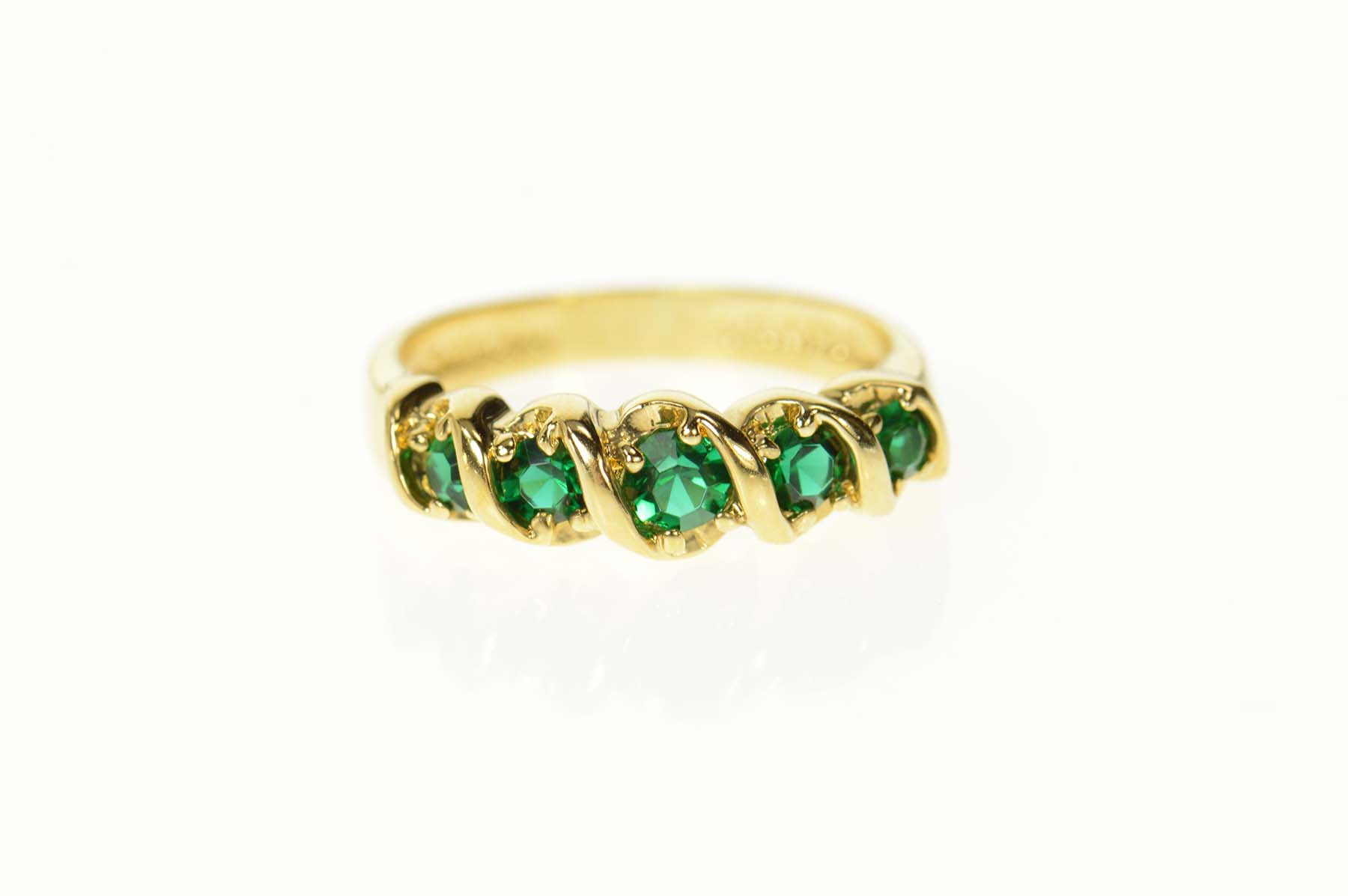 Gold Plated Five Stone Retro Syn. Emerald Band Ring, Size 7