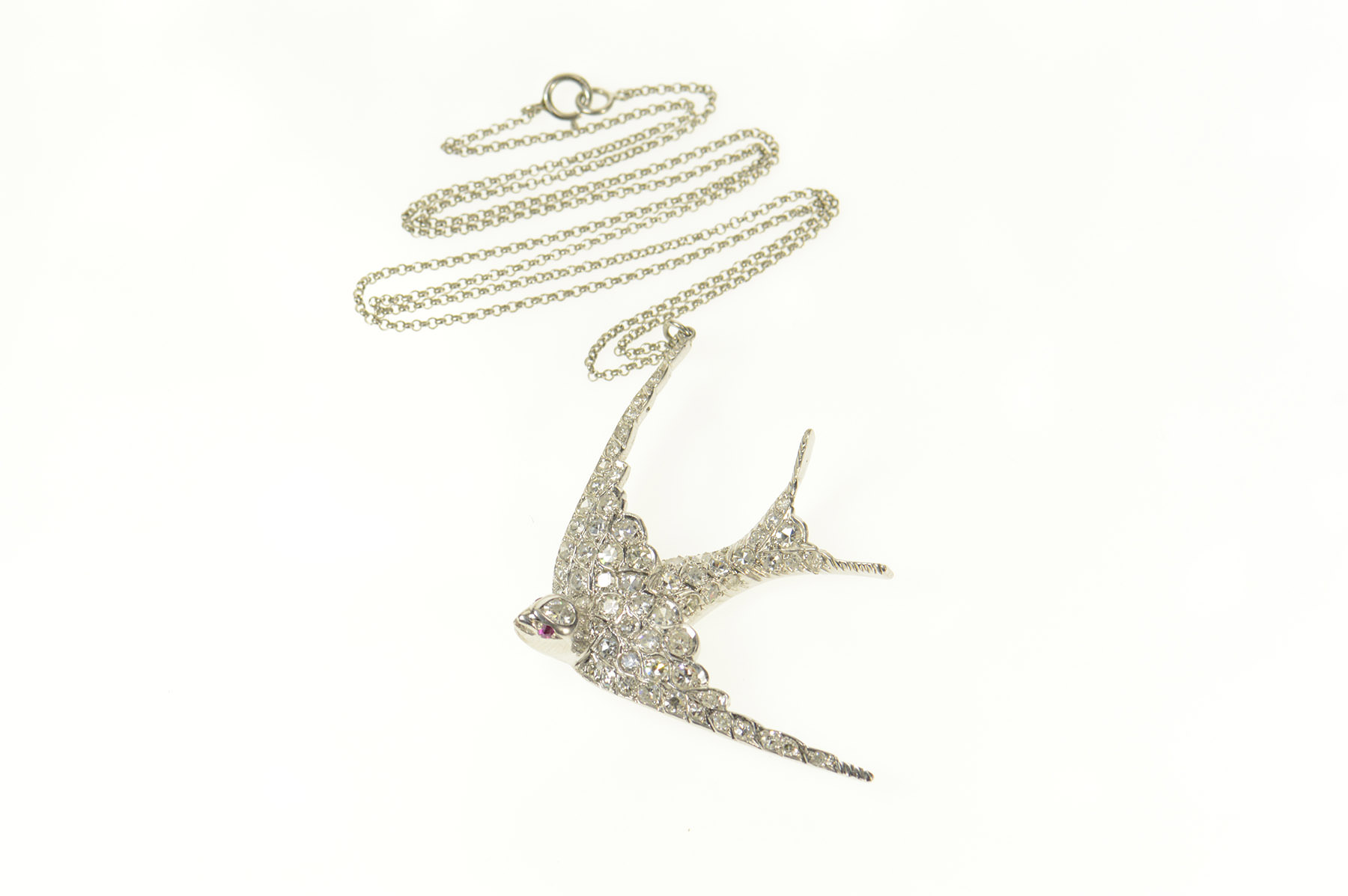 Platinum 3.06 Ctw Pave Diamond Ruby Sparrow Bird Necklace 18.25"