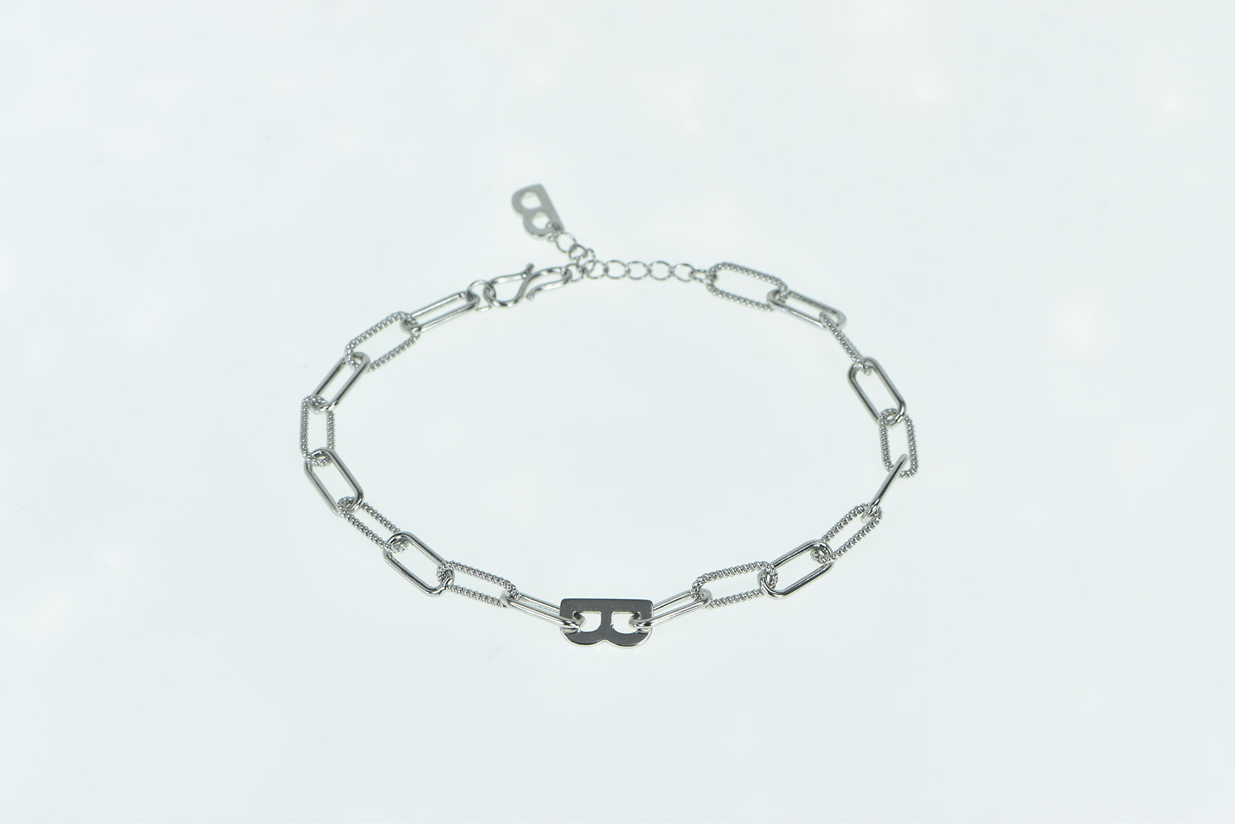 Platinum 7.25mm B Letter Monogram Paperclip Chain Bracelet 7.25"