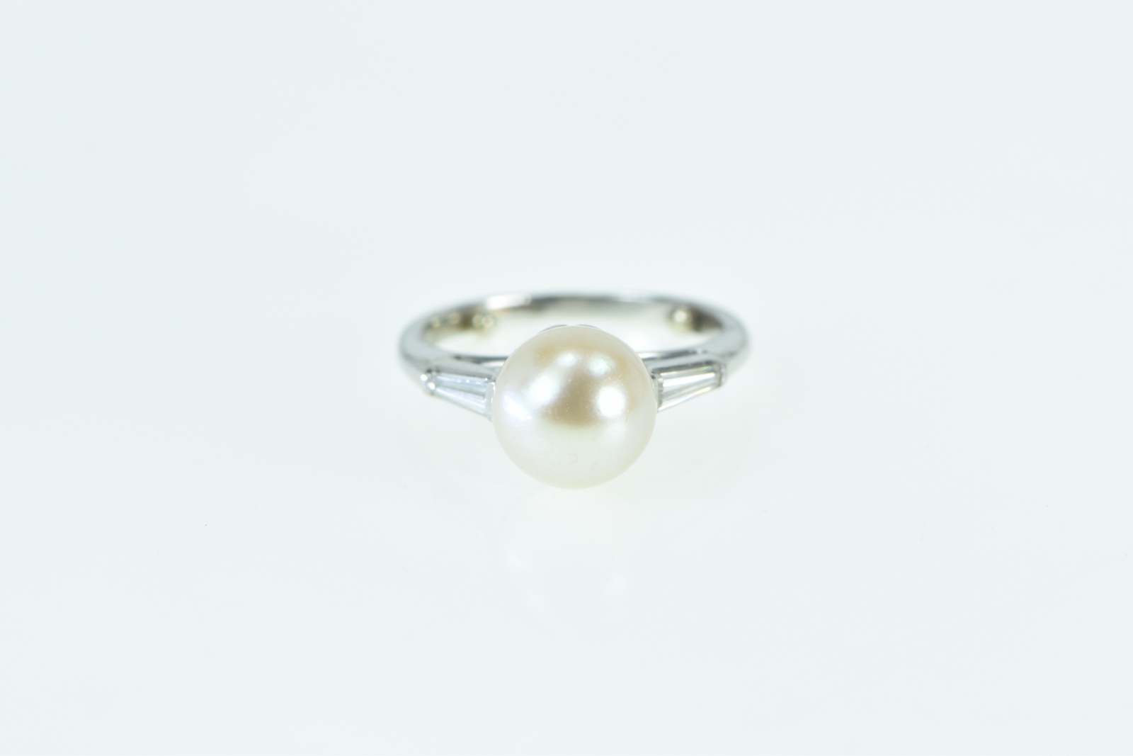 Platinum 8.45mm Pearl Diamond Classic Engagement Ring, Size 3.25