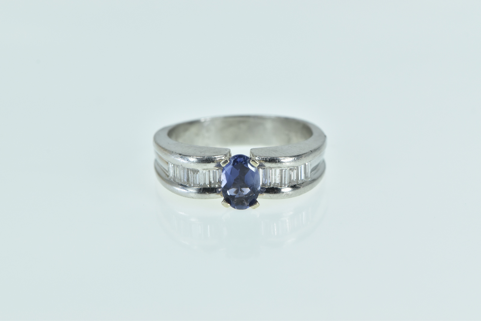 Platinum Oval Tanzanite Baguette Diamond Engagement Ring, Size 7.75