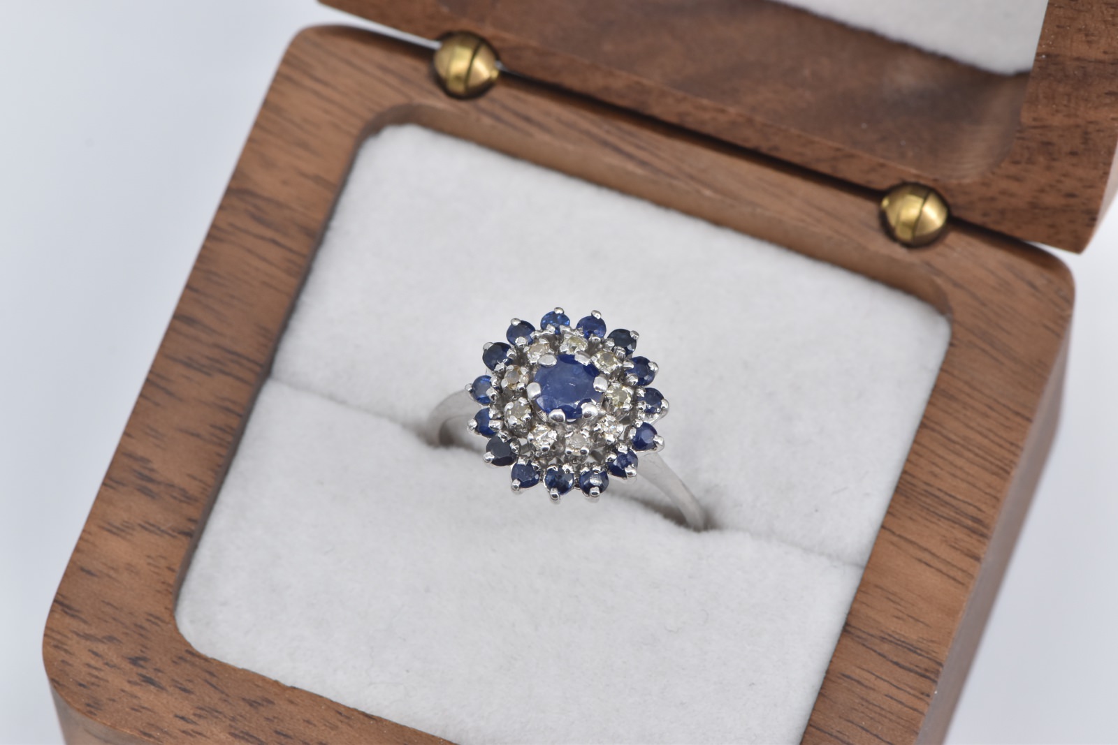 Platinum Sapphire Diamond Halo Cluster Halo Statement Ring, Size 6.25