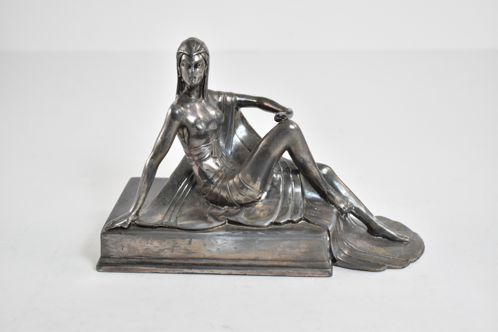 Silver Plated Art Deco Lounging Warrior Woman Statue 6.75"