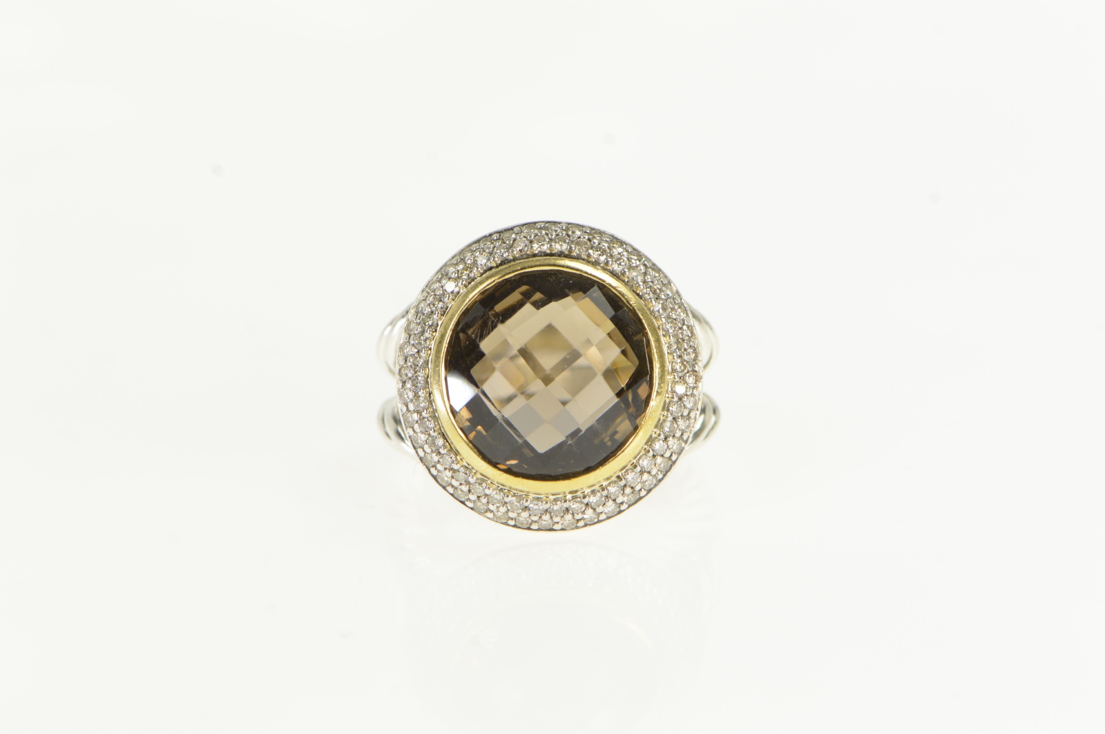 Sterling Silver 14K Gold David Yurman Smoky Quartz Diamond Ring, Size 7.25