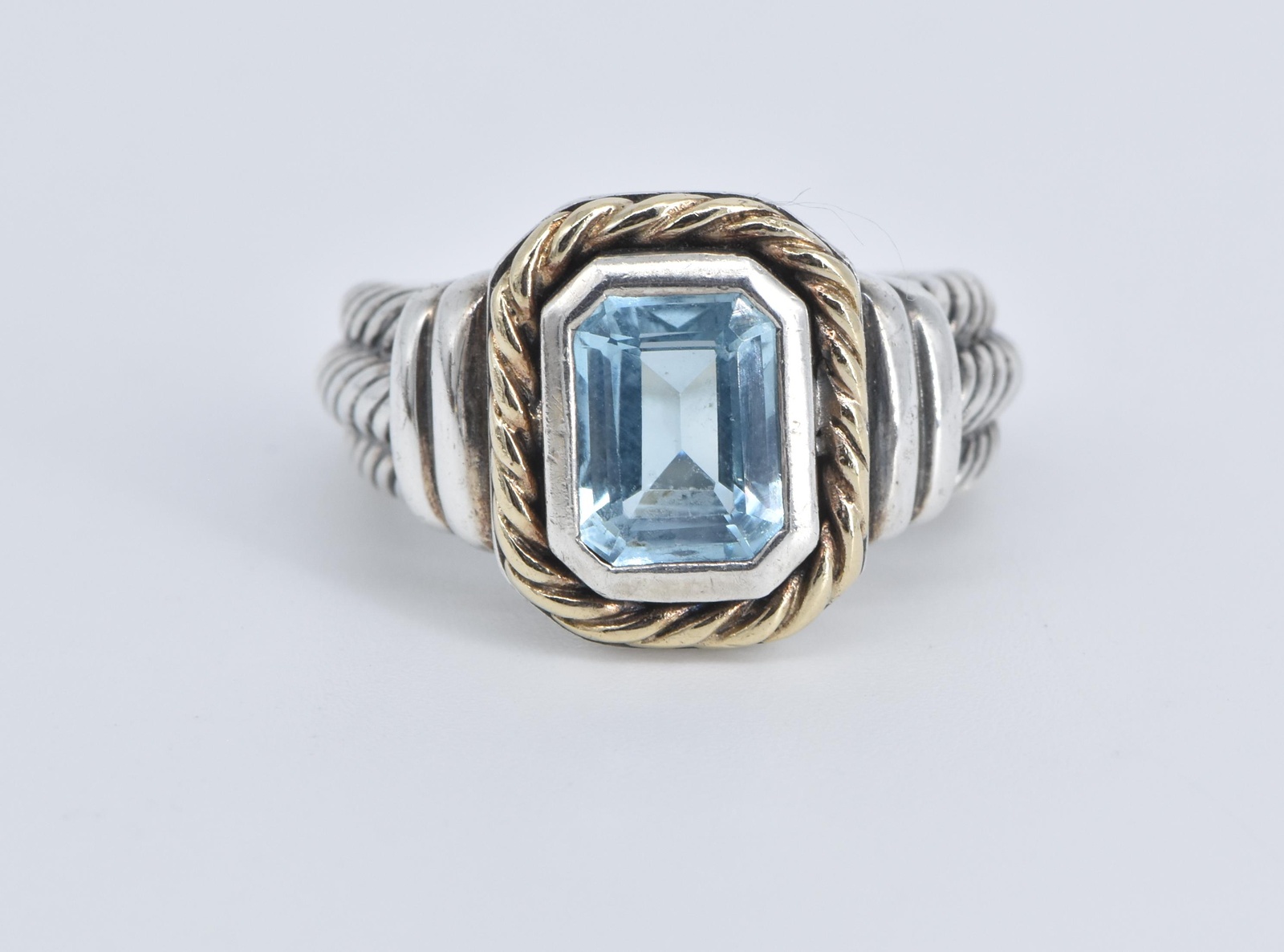 Sterling Silver 14k Gold Ornate Blue Topaz Statement Ring, Size 6.75