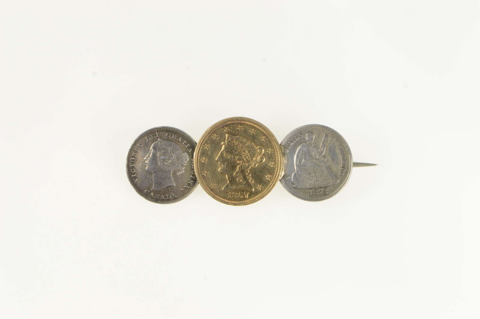 Sterling Silver 1857-97 US Canadian Coin Solid Gold Pin/Brooch