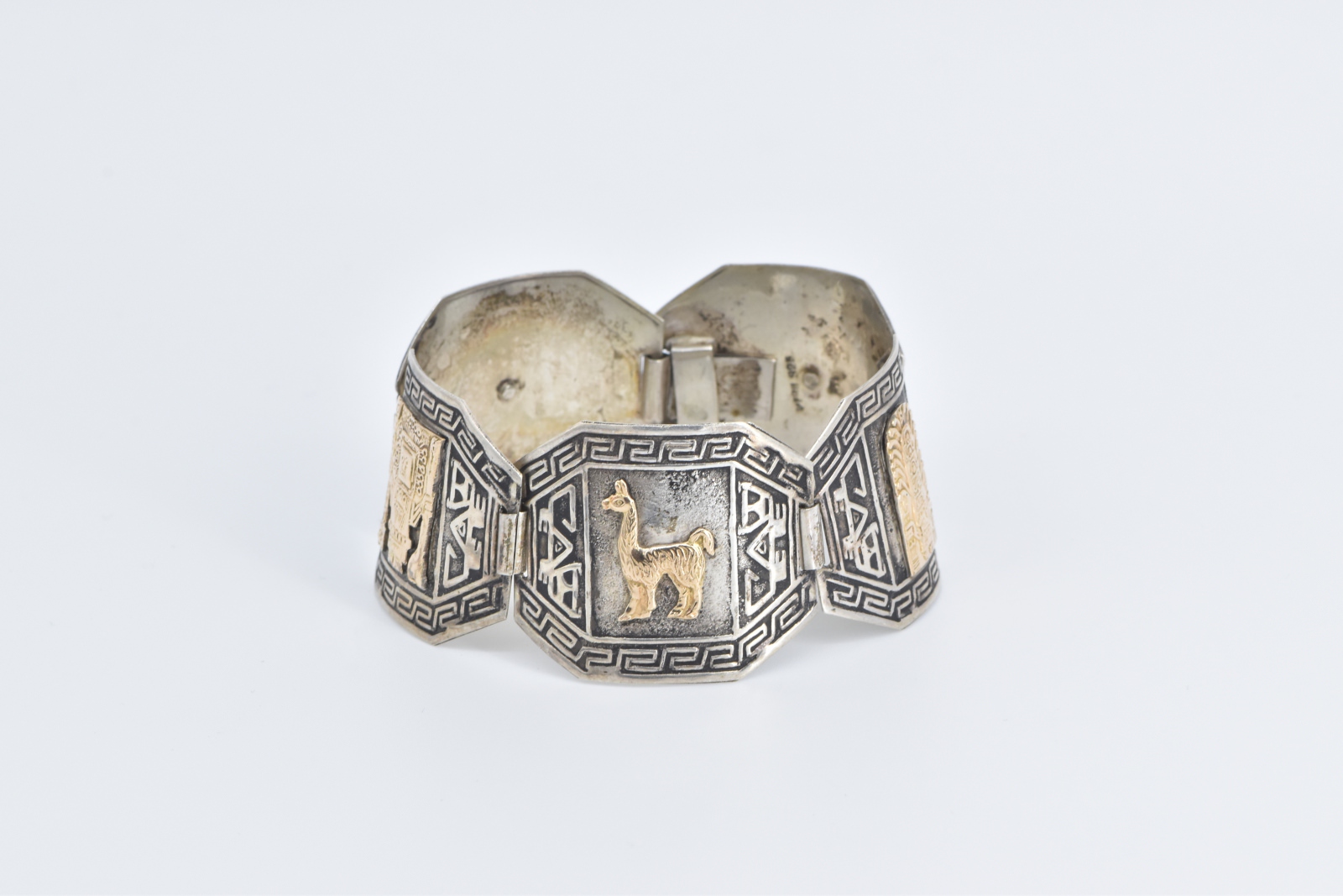 Sterling Silver 18k Gold Peruvian Ornate Vintage Tribal Bracelet 7.5"