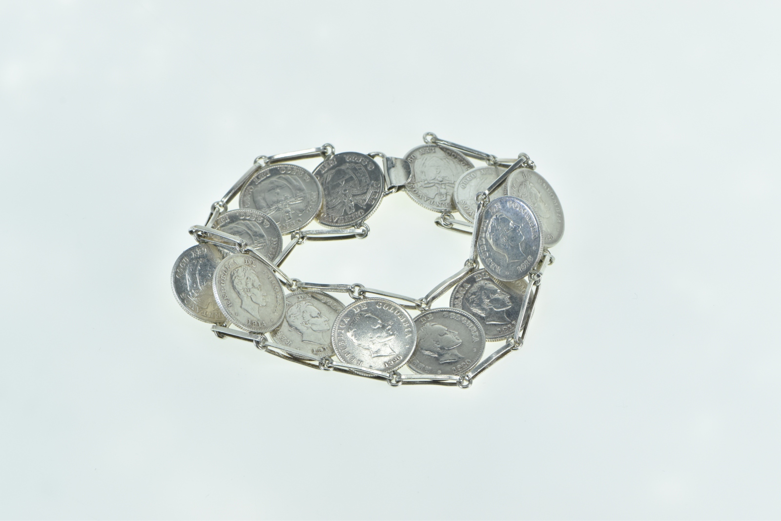 Sterling Silver 1911-20 Columbian Coin Vintage Bar Link Bracelet 7.5"