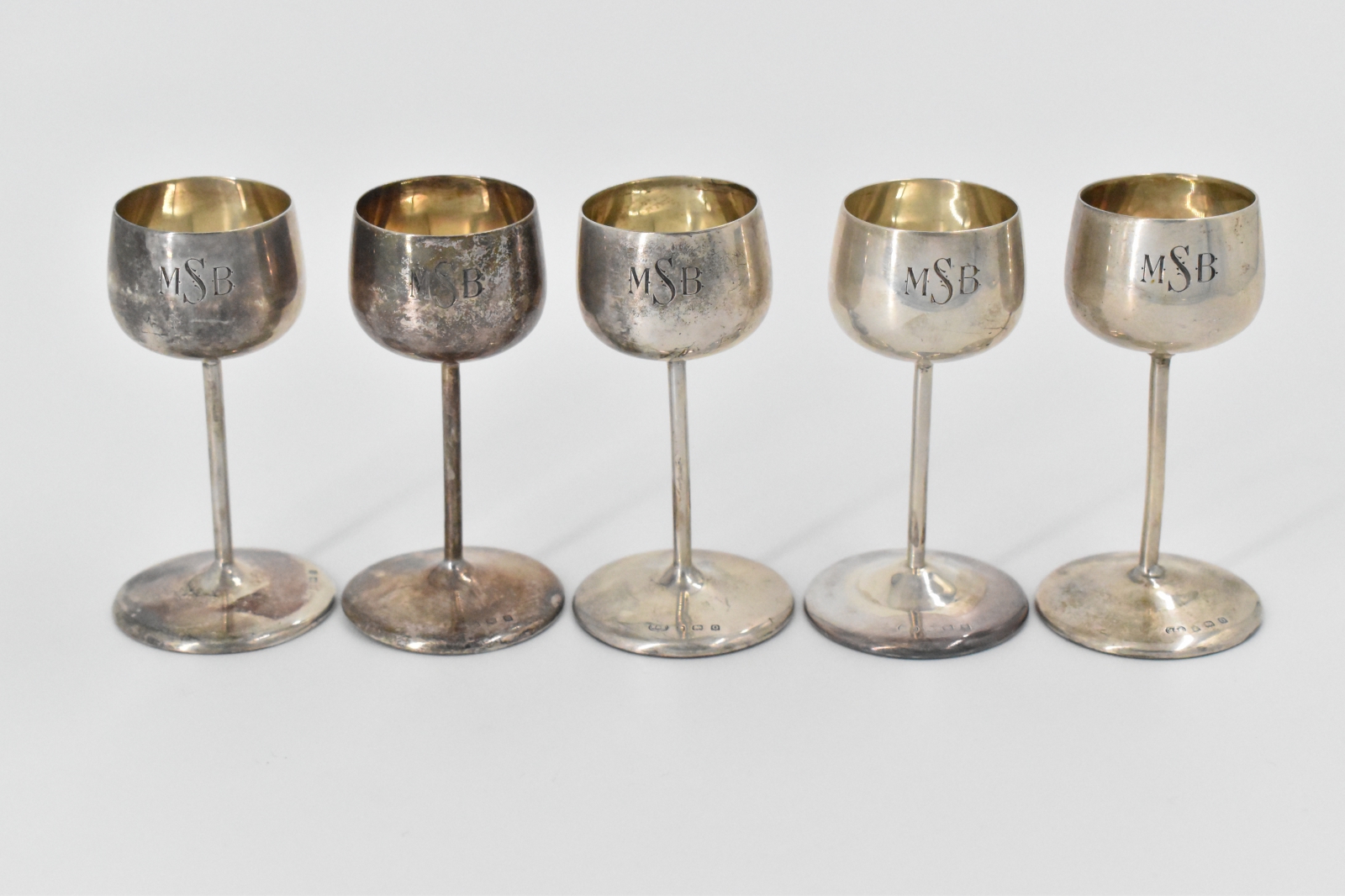 Sterling Silver 1913 Hamilton & Co Monogram Stem Wine Goblet Set (5 pcs)
