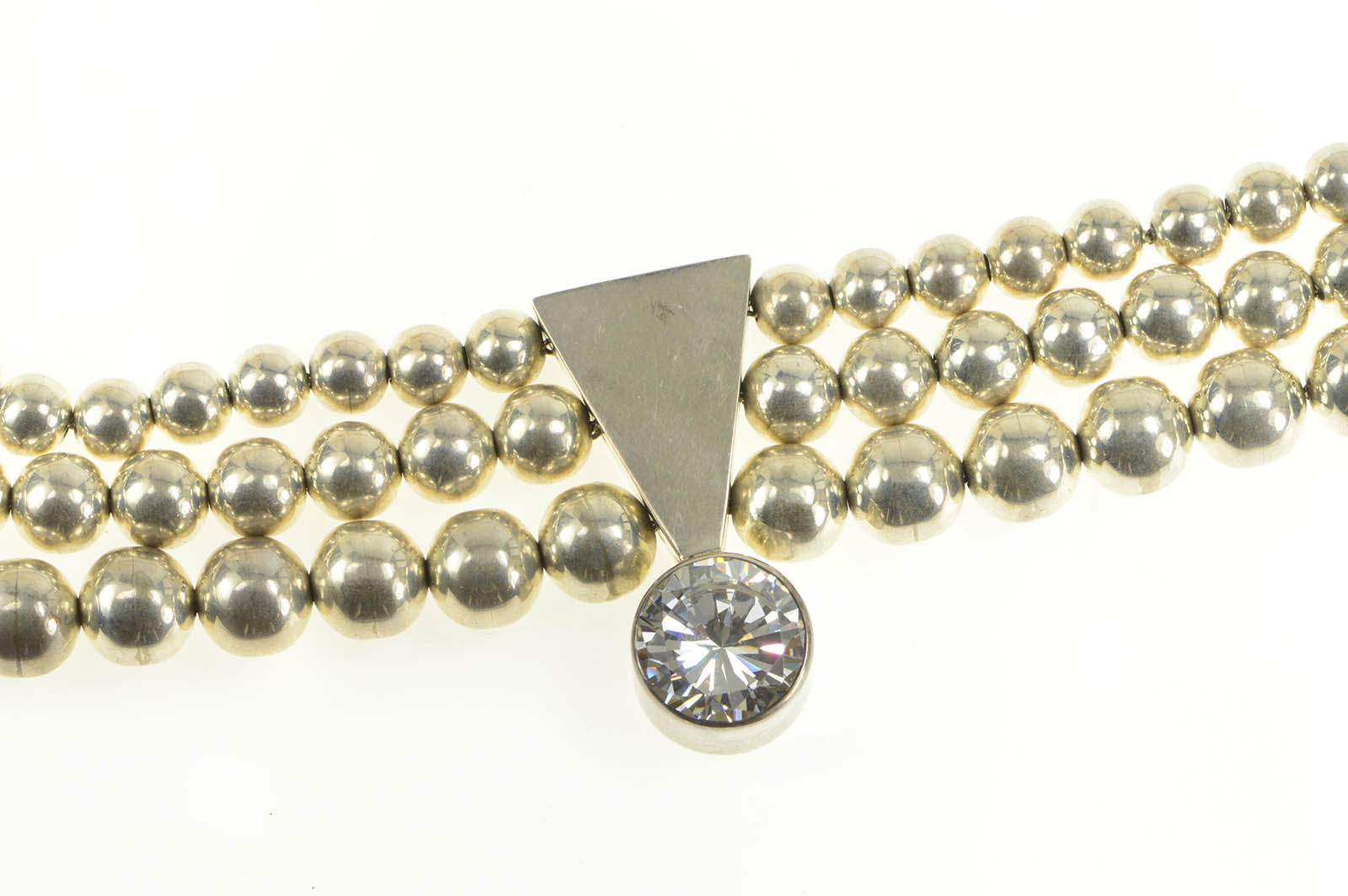Sterling Silver 35.5mm Tiered Round Beaded Geometric CZ Necklace 15"