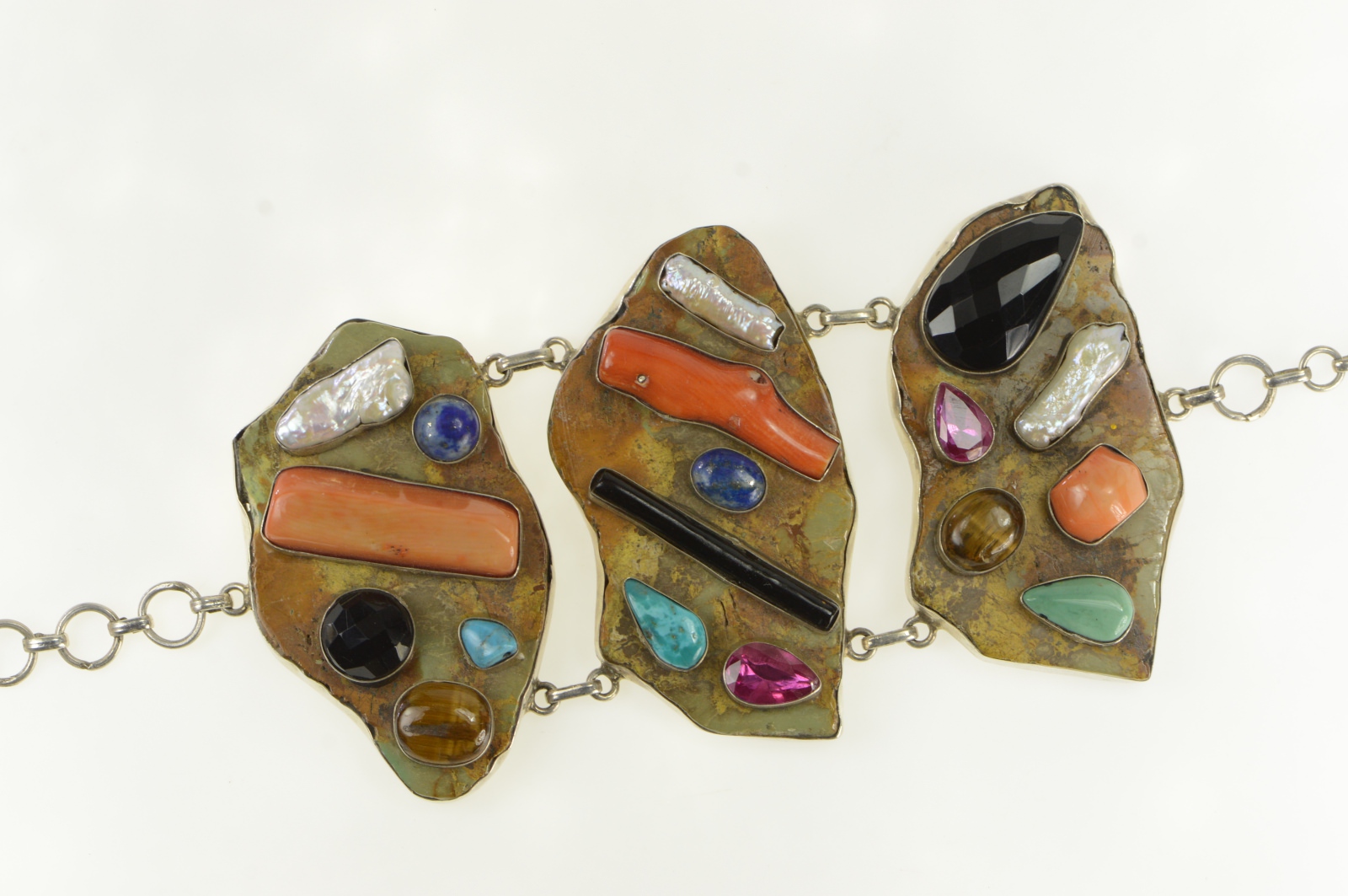 Sterling Silver Abstract Southwestern Stone Statement Bracelet 8.25"