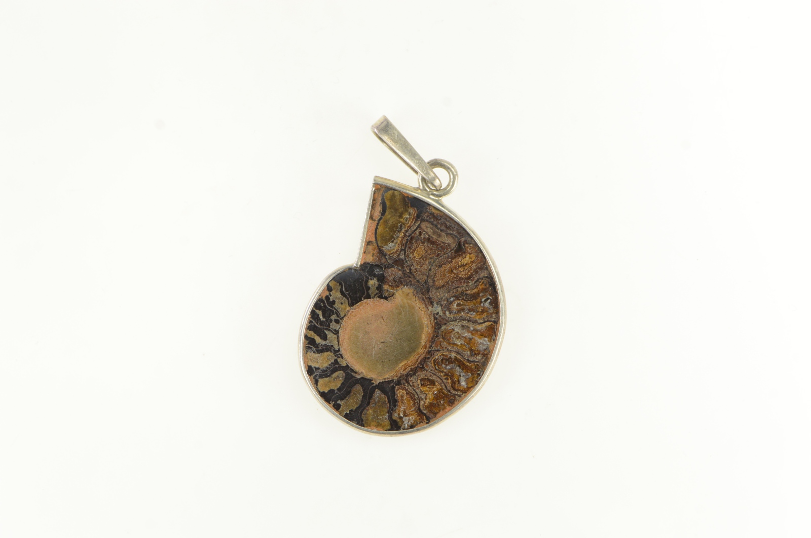 Sterling Silver Ammonite Fossil Shell Crystal Medallion Pendant