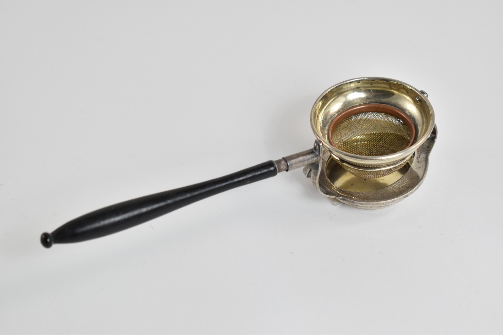 Sterling Silver Antique Tea Strainer with Wood Handled Stand