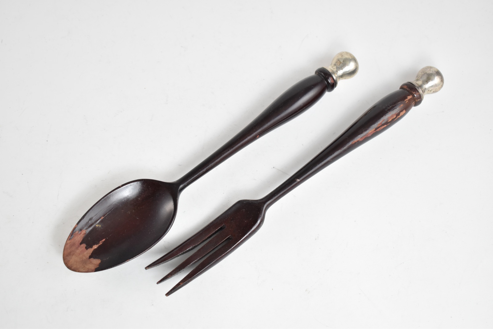 Sterling Silver Antique Wooden Salad Serving Fork Spoon Set