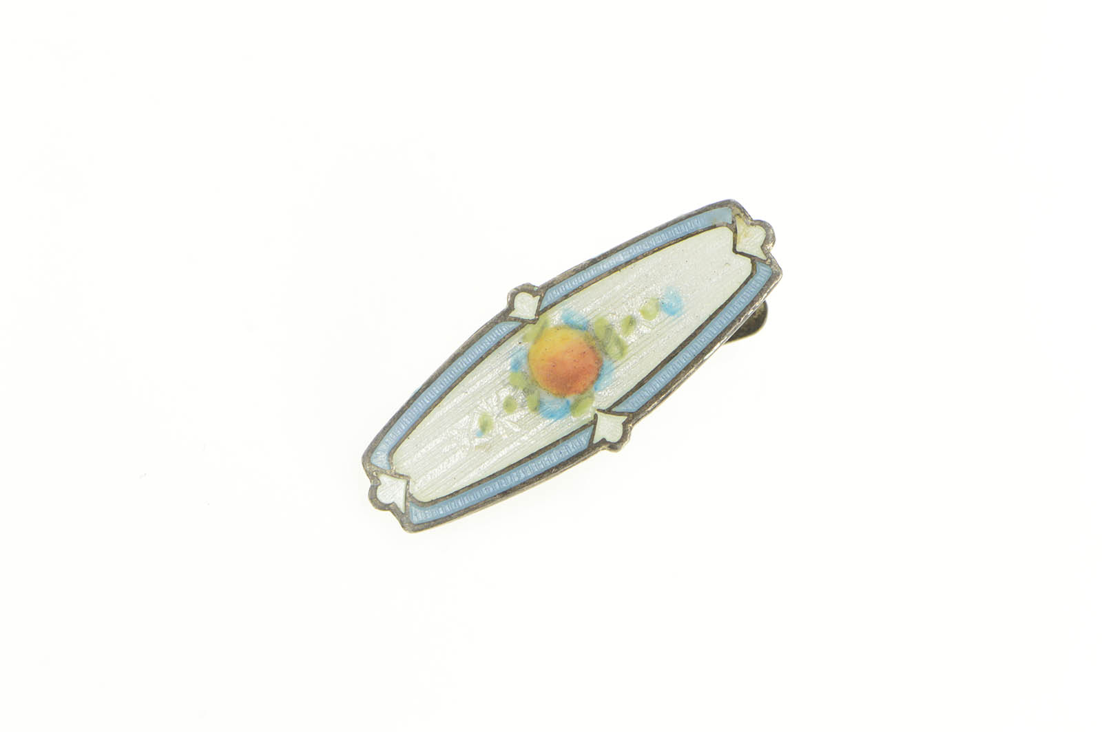 Sterling Silver Art Deco Peach Enamel White Blue Ornate Dress Clip