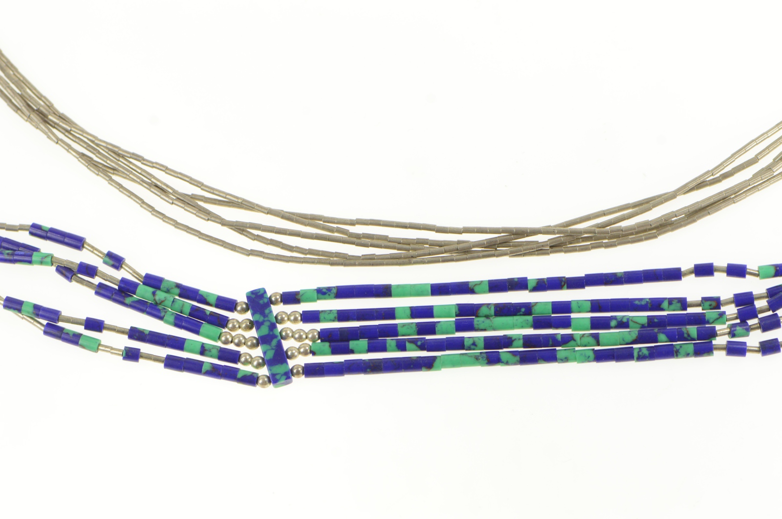 Sterling Silver Azurite Beaded Liquid Silver Southwestern Necklace 29.5"