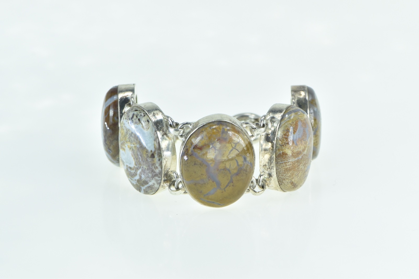 Sterling Silver Brown & White Agate Cabochon Ornate Chain Bracelet 6-7.5"