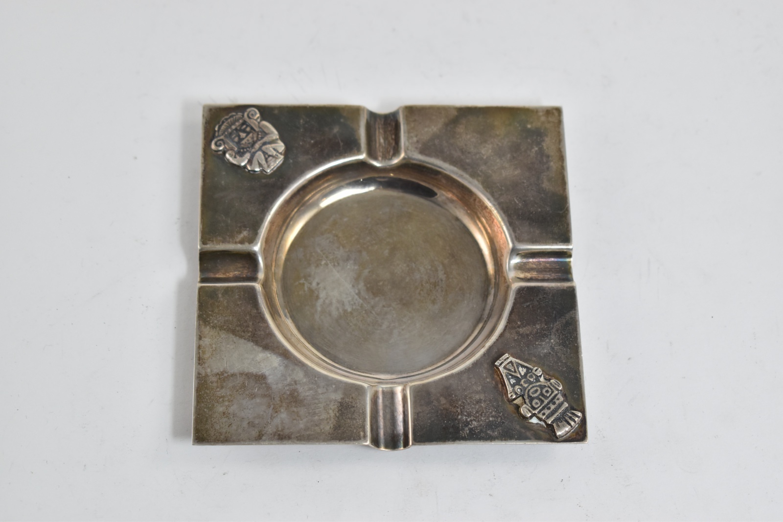 Sterling Silver Columbian Mayan Motif Square Ashtray Vintage