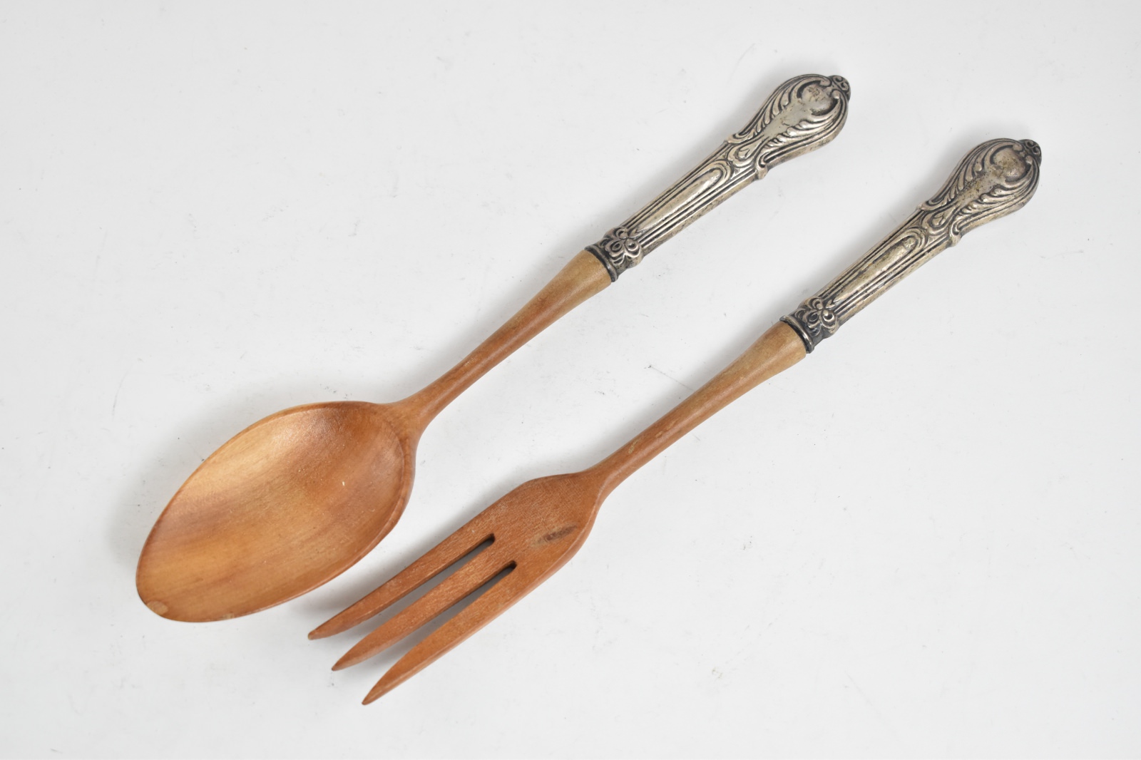 Sterling Silver Crown Wooden Salad Serving Spoon & Fork Set (2 pcs.)