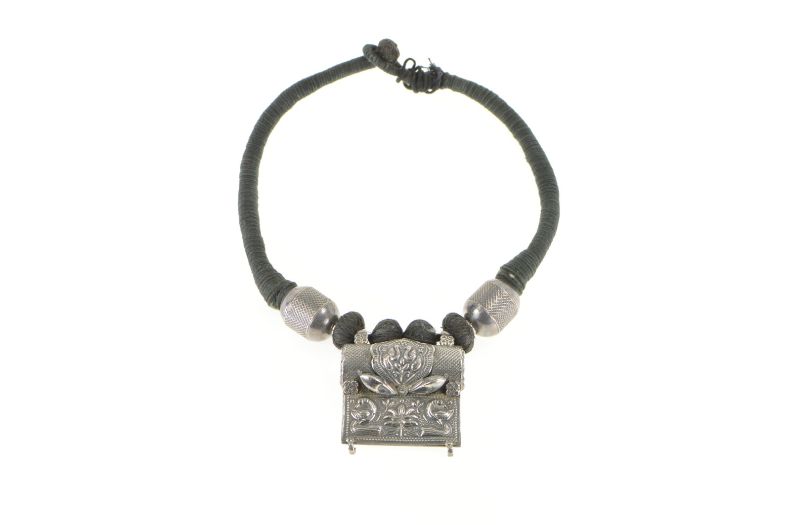 Sterling Silver Elaborate Floral Bird Tibetan Medallion Rope Necklace 18.5"