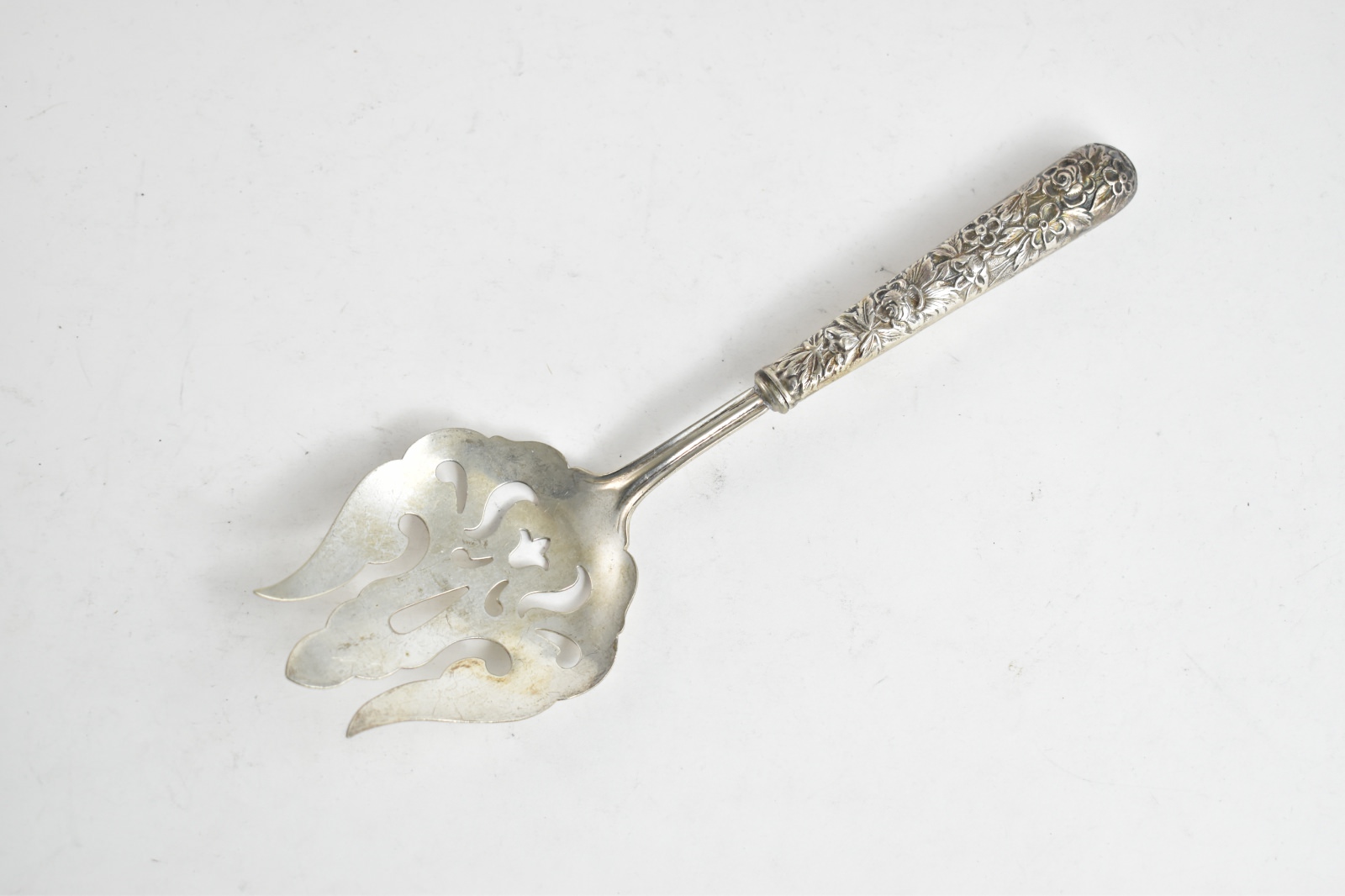 Sterling Silver G H French Repousse Floral Meat Serving Fork 9"