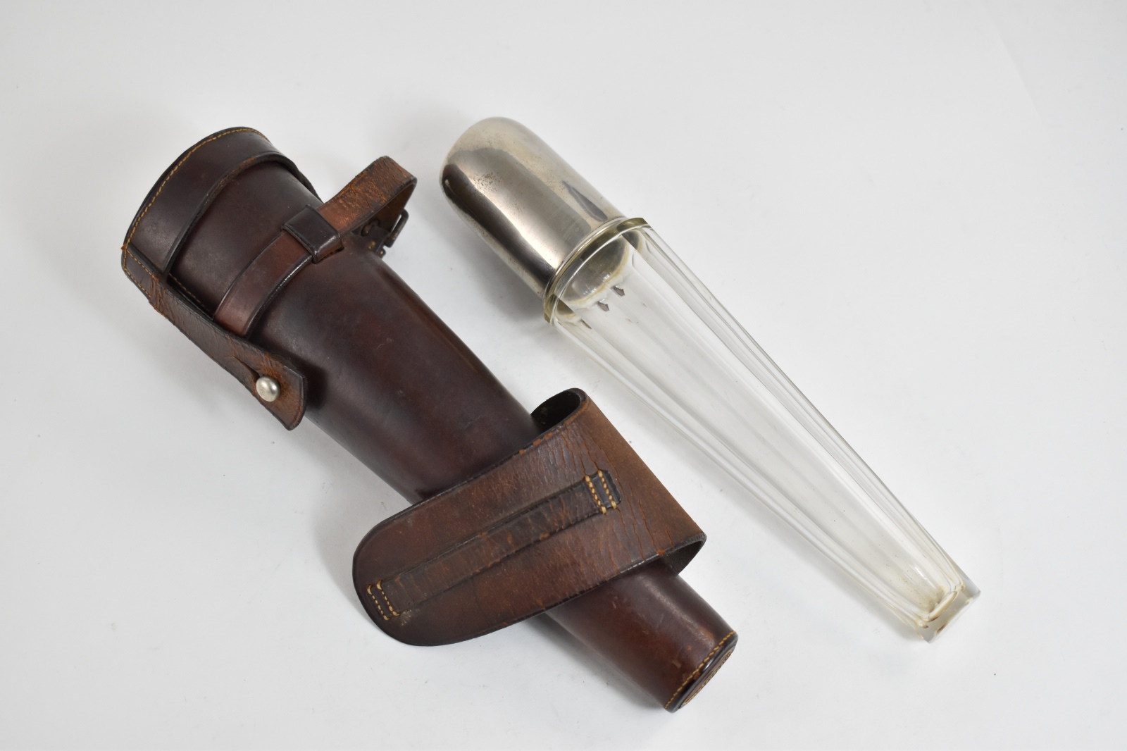 Sterling Silver Glass Decanter Flask With Leather Case