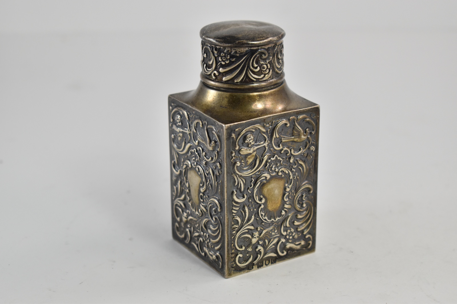 Sterling Silver Goldsmiths Co. Repousse Cupid Antique Tea Caddy