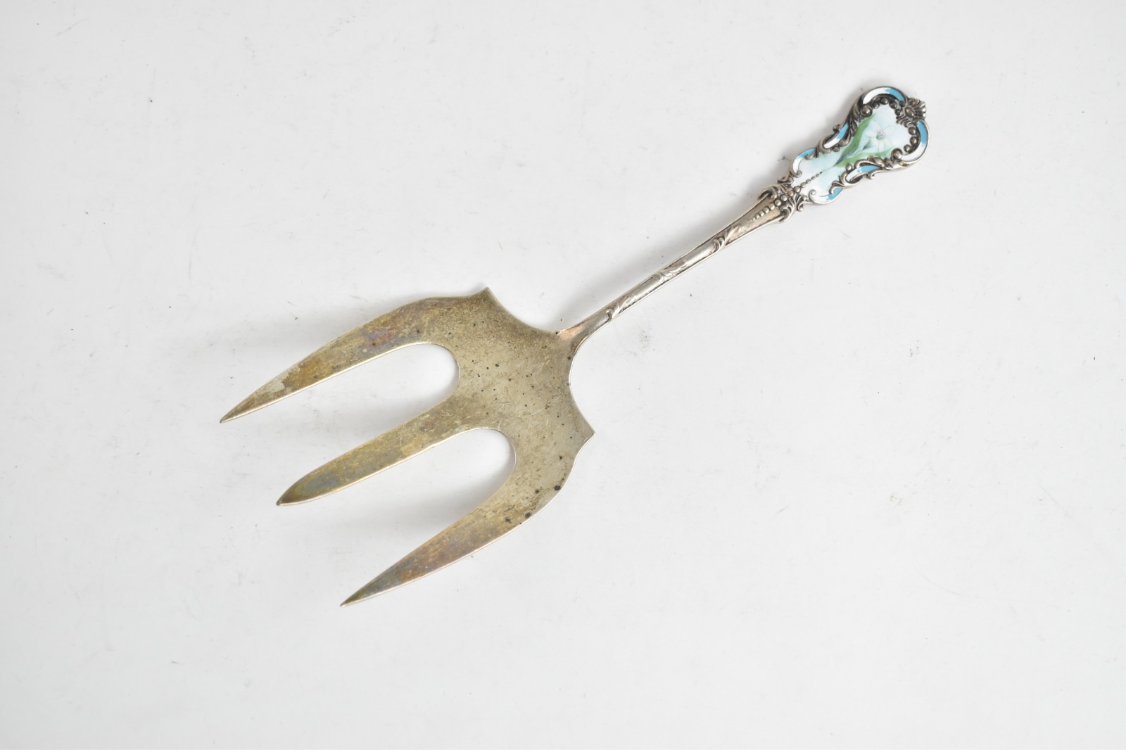 Sterling Silver Gorham Floral Enamel Ornate Bread Fork 8"