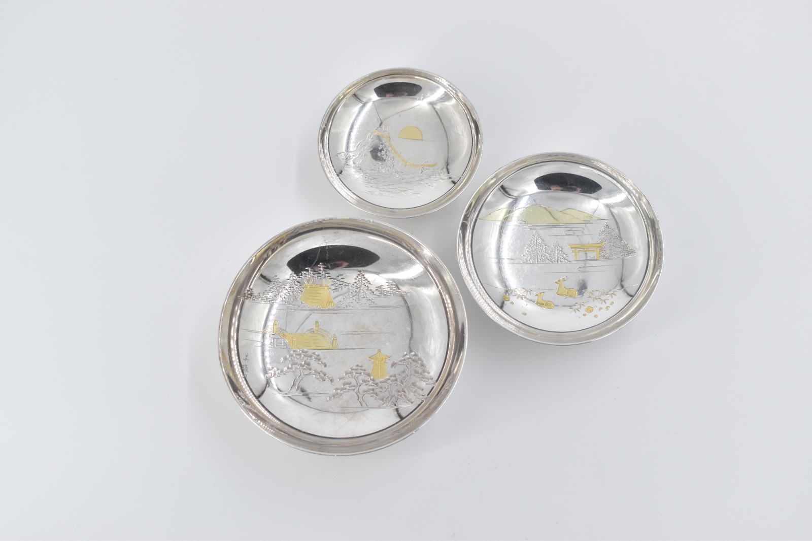Sterling Silver Japanese Ceremonial Sake Cups Sakazuki (3 pcs)