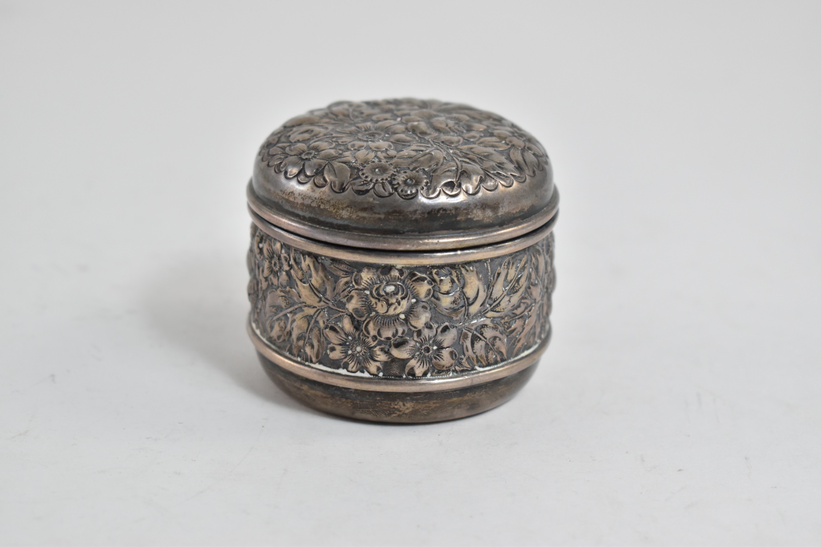 Sterling Silver K R H Monogram Ornate Repousse Pill Box