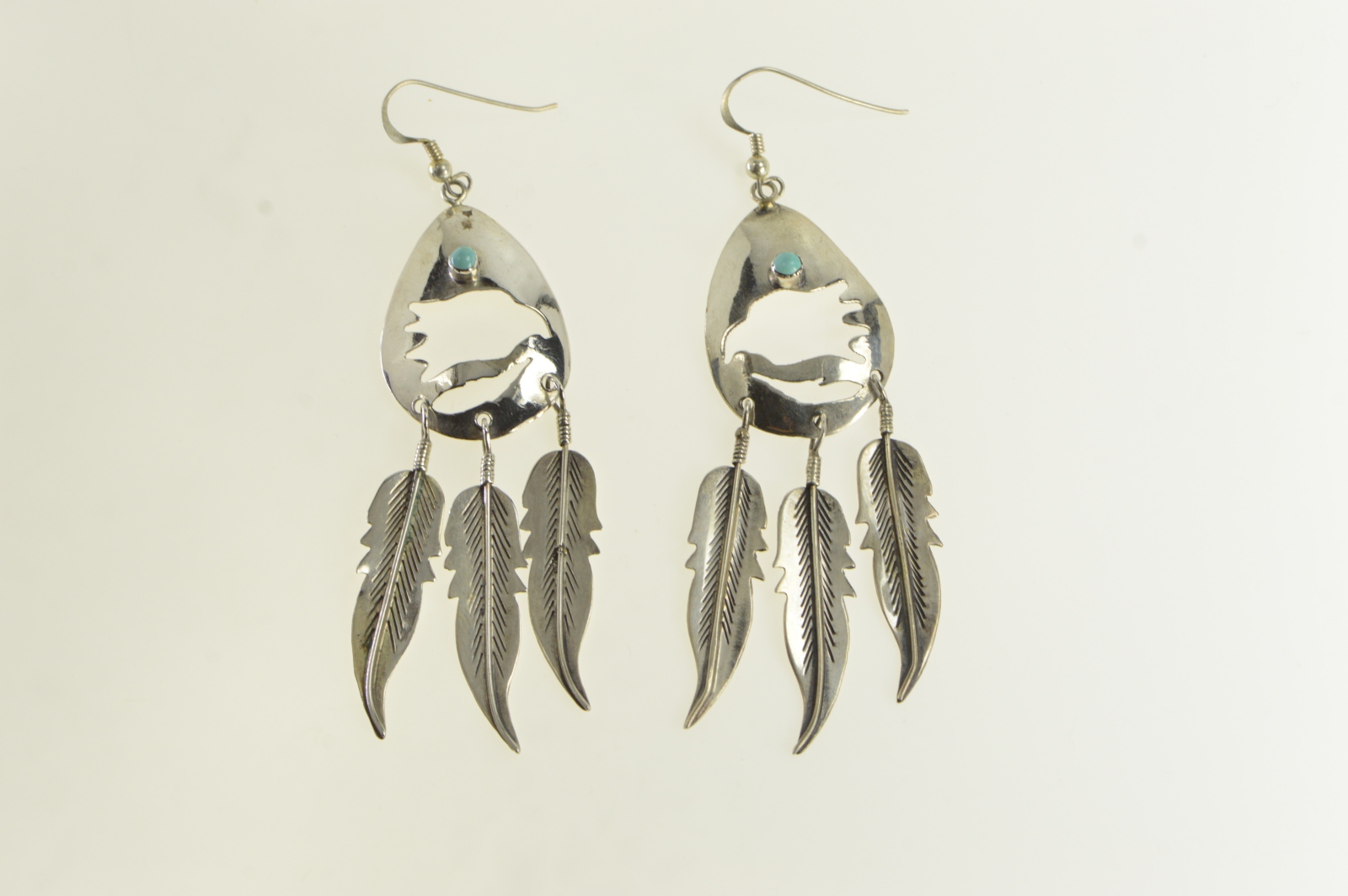 Sterling Silver Native American Fetish Bear Feather Earrings
