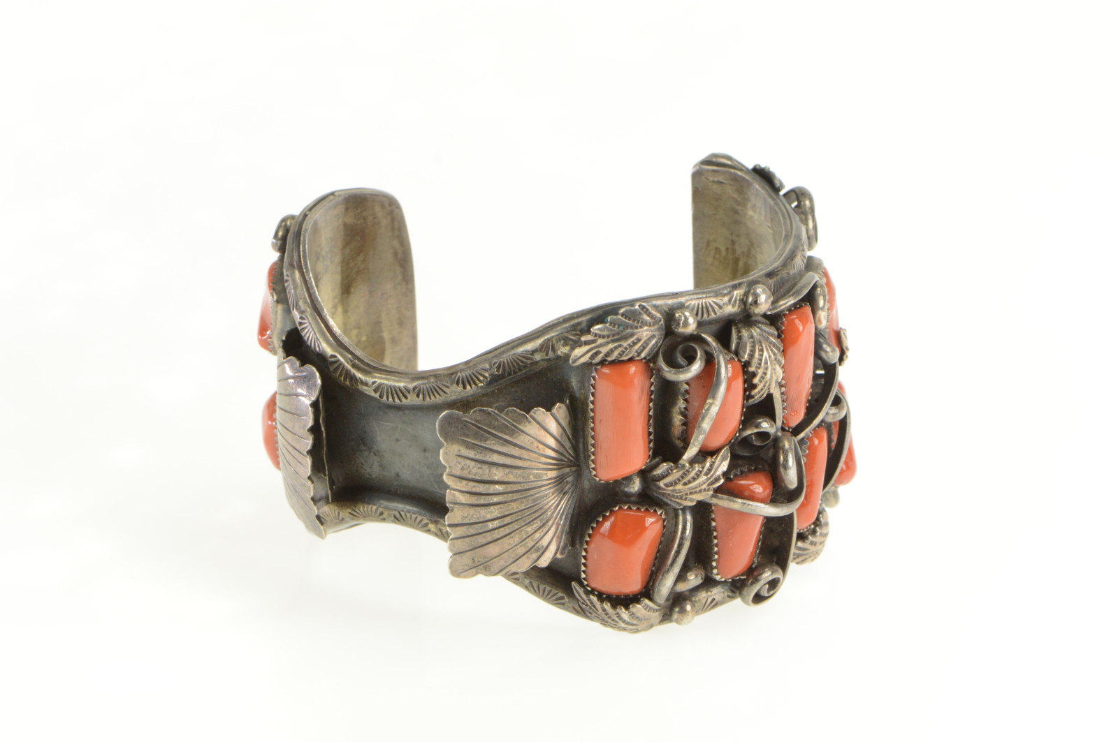 Sterling Silver Navajo Coral Jerry Wilma Begay Watch Cuff Bracelet 8.5"