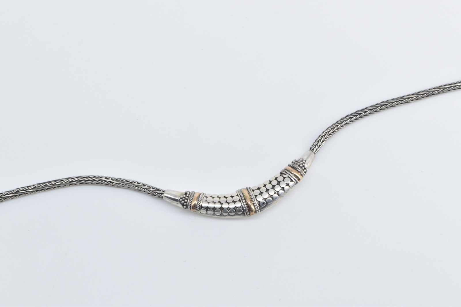 Sterling Silver Ornate 18k Gold Curved Dot Foxtail Chain Necklace 23.75"