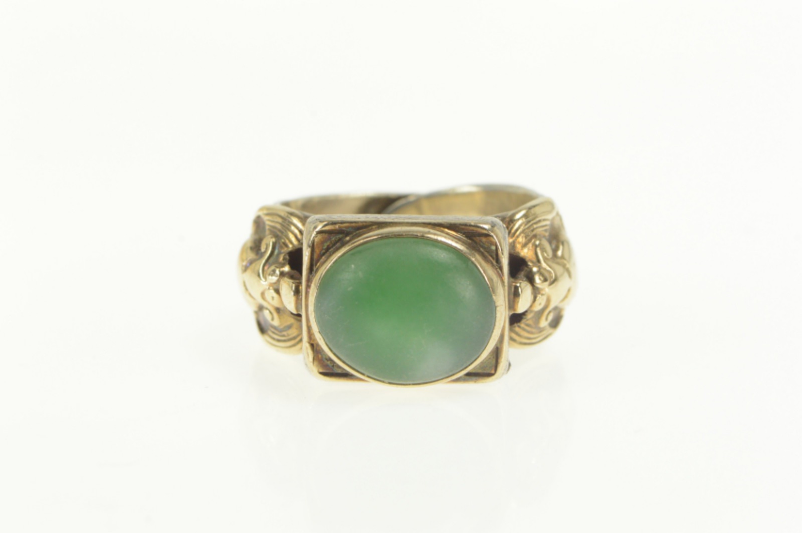 Sterling Silver Ornate Chinese Green Chalcedony 18k Two Tone Ring, Size 8.25