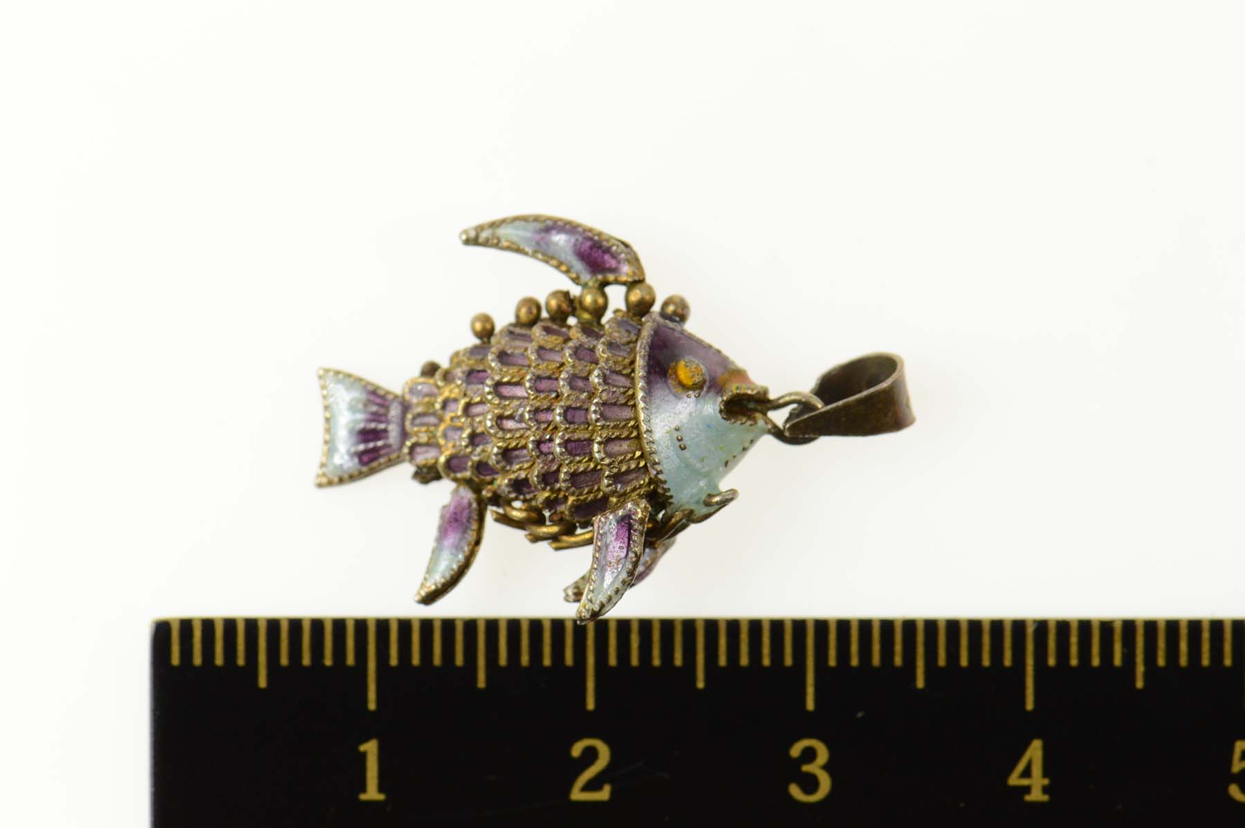 Sterling Silver Ornate Enamel Articulated Fish Statement Charm/Pendant