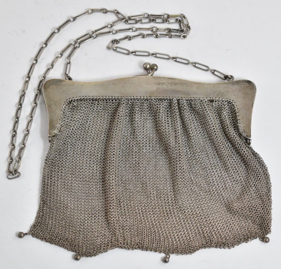 Sterling Silver Ornate Scroll Design Snake Mesh Purse Hand Bag
