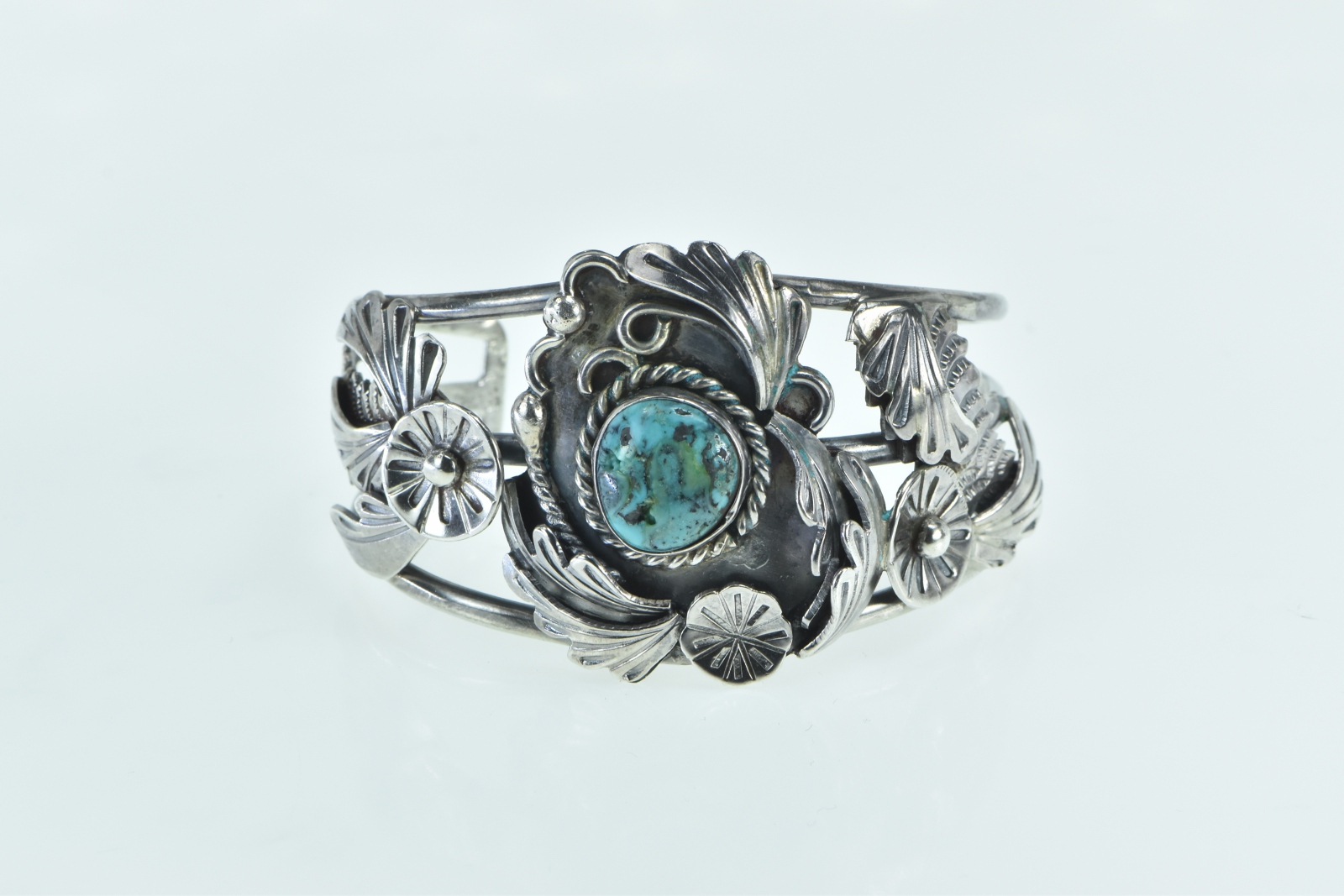 Sterling Silver Ornate Turquoise Southwestern Feather Cuff Bracelet 6.75"