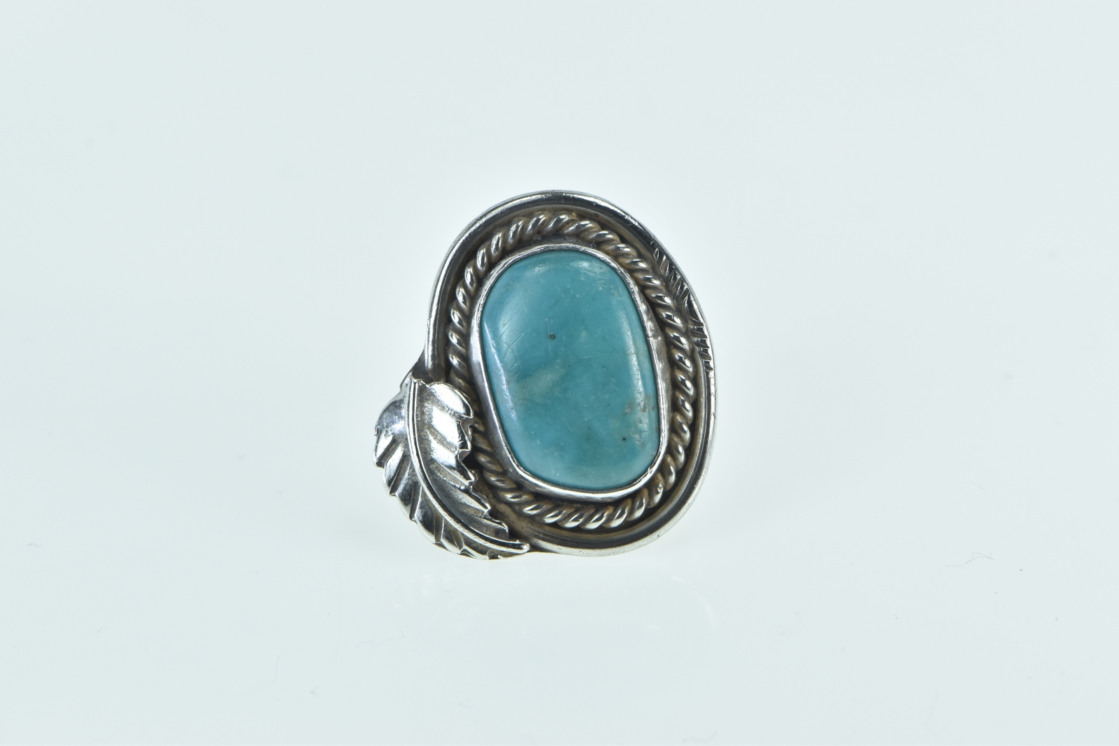 Sterling Silver Ornate Turquoise Southwestern Leaf Feather Ring, Size 6.25