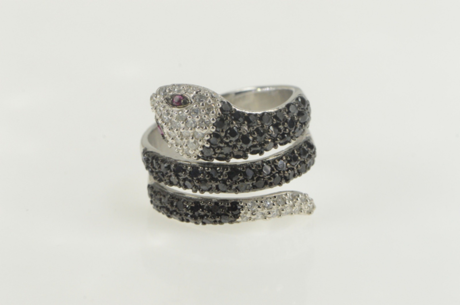 Sterling Silver Pave Black & White CZ Snake Serpent Snake Ring, Size 8.5