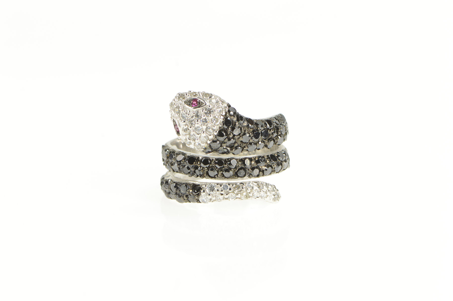 Sterling Silver Pave Black White CZ Syn. Ruby Snake Serpent Ring, Size 5.75