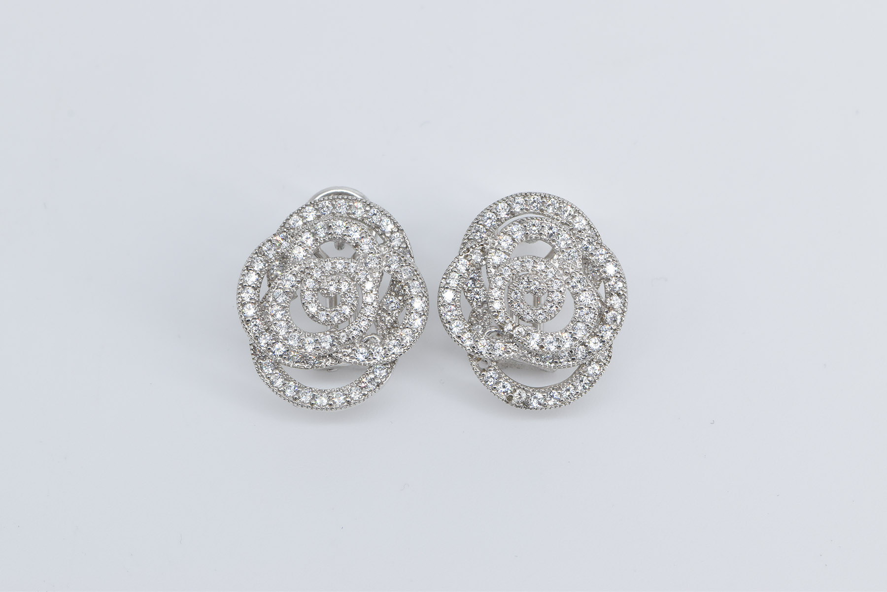 Sterling Silver Pave Encrusted CZ Flower Rose French Clip Earrings