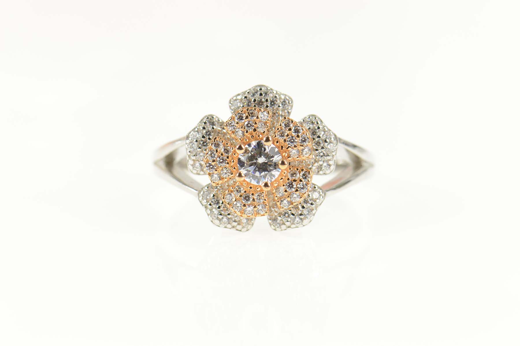 Sterling Silver Pave Encrusted Flower Two Tone Spinner Ring, Size 10.25