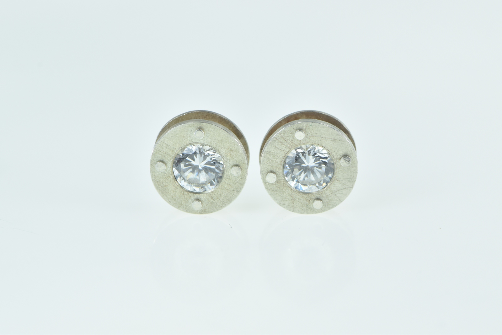 Sterling Silver Round Riveted Circle CZ Statement Stud Earrings